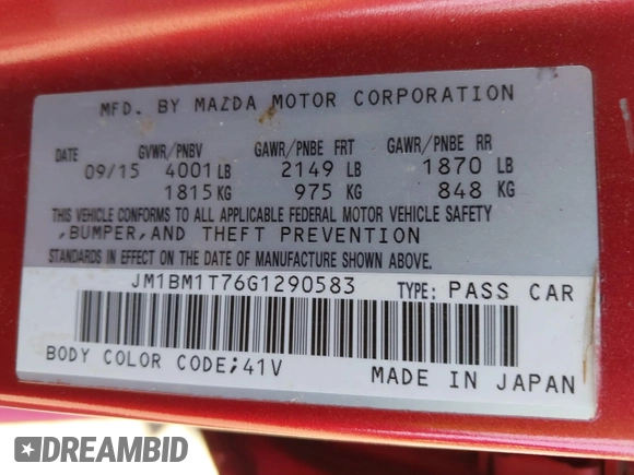 2016 Mazda 3 i Sport with VIN JM1BM1T76G1290583, listed as a IAAI auction lot 42121505 with 116,165 mi miles and . Bid and sale history available at DreamBid. Image 9.
