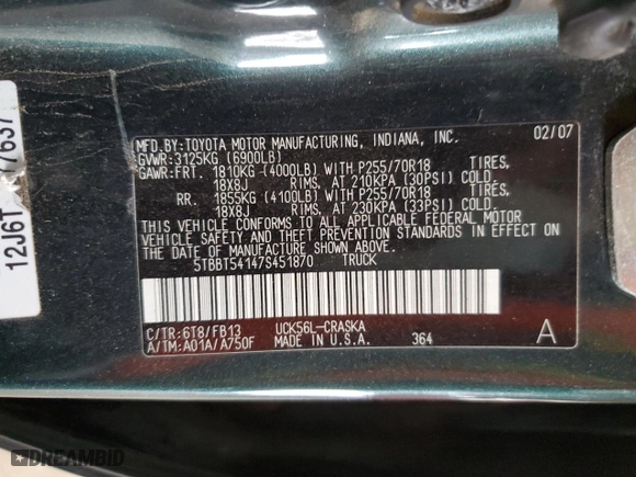 2007 Toyota Tundra SR5 with VIN 5TBBT54147S451870, listed as a Copart auction lot 51478905 with 179,898 mi miles and Salvage Title. Bid and sale history available at carsss.com. Image 12.