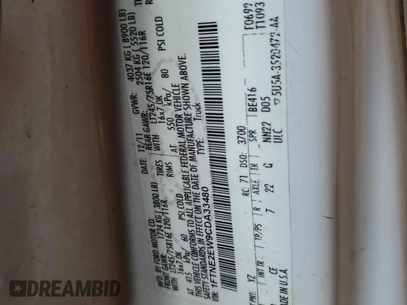 2012 Ford Econoline Cargo Recreational with VIN 1FTNE2EW9CDA33480, listed as a Copart auction lot 62458175 with Not provided miles and Salvage title. Bid and sale history available at DreamBid. Image 13.