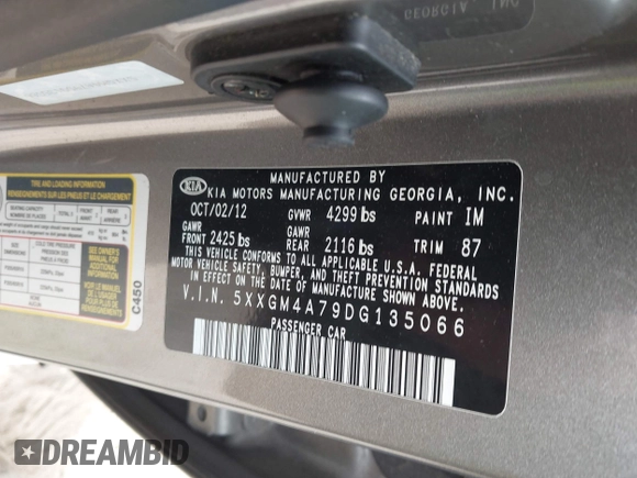 2013 Kia Optima LX with VIN 5XXGM4A79DG135066, listed as a IAAI auction lot 41915458 with 126,759 mi miles. Bid and sale history available at carsss.com. Image 9.