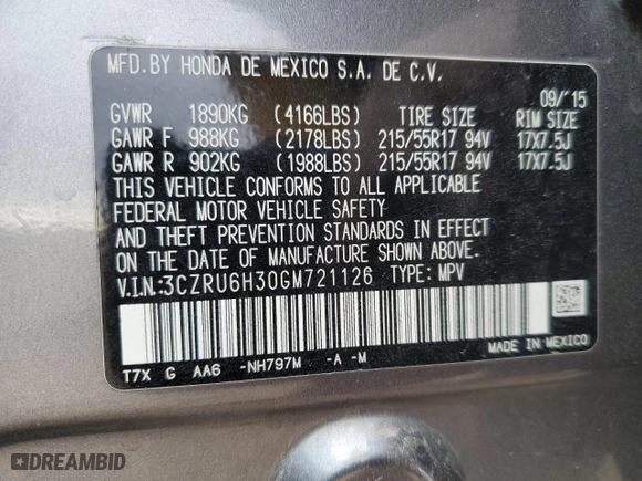 2016 Honda HR-V LX with VIN 3CZRU6H30GM721126, listed as a Copart auction lot 49007835 with 193,096 mi miles and Salvage Title. Bid and sale history available at carsss.com. Image 13.
