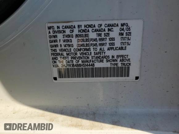 2006 Honda Ridgeline RTS with VIN 2HJYK16486H514448, listed as a Copart auction lot 73975334 with 235,344 mi miles and Salvage Title. Bid and sale history available at carsss.com. Image 12.