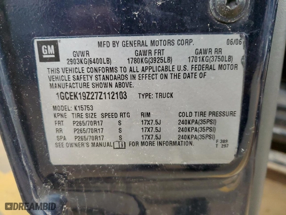 2007 Chevrolet Silverado 1500 Classic LT1 with VIN 1GCEK19Z27Z112103, listed as a Copart auction lot 82869124 with 221,425 mi miles and Salvage Title. Bid and sale history available at carsss.com. Image 12.