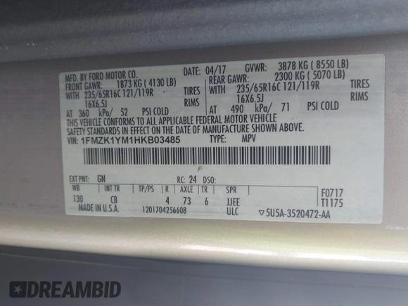 2017 Ford Transit XL с VIN 1FMZK1YM1HKB03485, выставлен на аукционе IAAI как лот 41429937 с пробегом 113 171 миль миль и . История ставок и продаж доступна на DreamBid. Изображение 9.