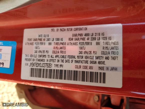2018 Mazda CX-5 Grand Touring with VIN JM3KFBDM3J0375051, listed as a Copart auction lot 45989125 with 77,147 mi miles and Salvage Title. Bid and sale history available at carsss.com. Image 15.