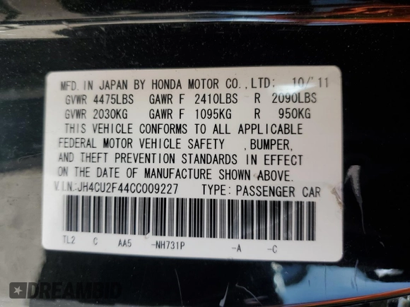 2012 Acura TSX with VIN JH4CU2F44CC009227, listed as a Copart auction lot 54869575 with 145,364 mi miles and Salvage title. Bid and sale history available at DreamBid. Image 12.