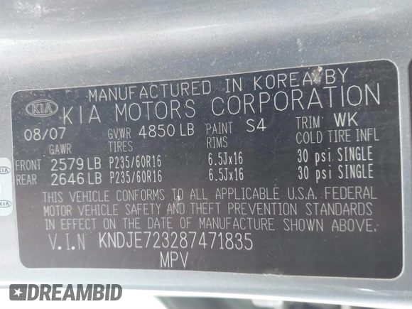 2008 Kia Sportage LX with VIN KNDJE723287471835, listed as a IAAI auction lot 41268401 with 200,404 mi miles and . Bid and sale history available at DreamBid. Image 9.