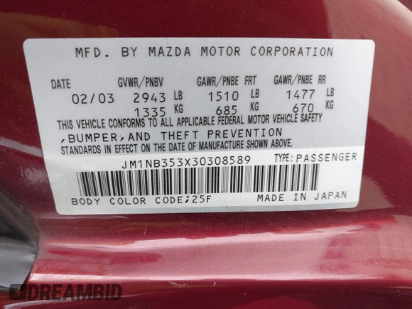 2003 Mazda MX-5 Miata Cloth z VIN JM1NB353X30308589, wystawiony jako IAAI lot #41454795 z przebiegiem 110 940 mil mil oraz . Historia ofert i sprzedaży dostępna na DreamBid. Obrazek 9.