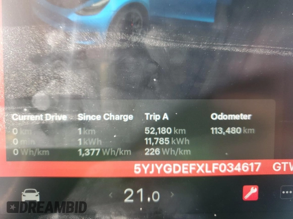 2020 Tesla Model Y Long Range with VIN 5YJYGDEFXLF034617, listed as a Copart auction lot 53235235 with 113,480 mi miles and Salvage Title. Bid and sale history available at DreamBid. Image 9.