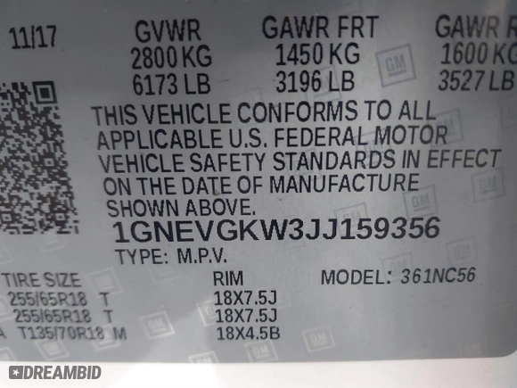 2018 Chevrolet Traverse LT Cloth with VIN 1GNEVGKW3JJ159356, listed as a IAAI auction lot 41430477 with 57,541 mi miles. Bid and sale history available at carsss.com. Image 9.