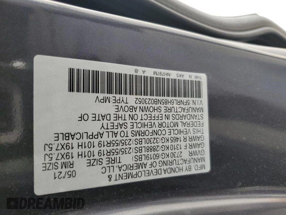 2022 Honda Odyssey Touring with VIN 5FNRL6H85NB023052, listed as a Copart auction lot 50884735 with 54,952 mi miles and Salvage Title. Bid and sale history available at DreamBid. Image 13.