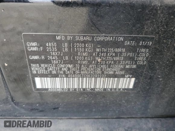 2019 Subaru Outback Touring with VIN 4S4BSETC5K3292232, listed as a Copart auction lot 79358514 with 43,233 mi miles and Salvage title. Bid and sale history available at DreamBid. Image 15.