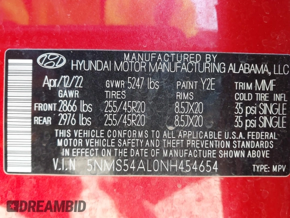 2022 Hyundai Santa Fe Calligraphy with VIN 5NMS54AL0NH454654, listed as a IAAI auction lot 41826372 with 63,314 mi miles. Bid and sale history available at carsss.com. Image 9.