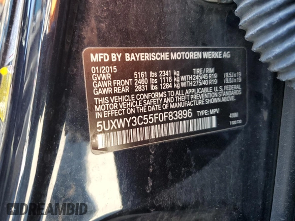 2015 BMW X3 xDrive28d with VIN 5UXWY3C55F0F83896, listed as a Copart auction lot 70690134 with 119,581 mi miles and Salvage Title. Bid and sale history available at carsss.com. Image 13.