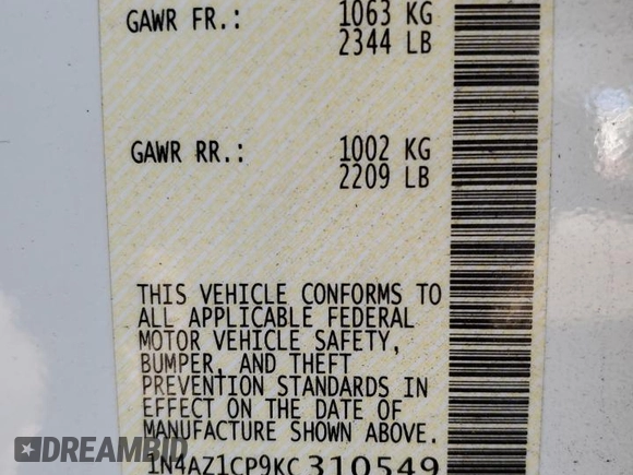 2019 Nissan LEAF SV with VIN 1N4AZ1CP9KC310549, listed as a Copart auction lot 62319525 with 58,778 mi miles and Salvage title. Bid and sale history available at DreamBid. Image 13.