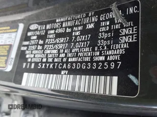 2013 Kia Sorento LX with VIN 5XYKTCA63DG332597, listed as a IAAI auction lot 41956047 with 180,570 mi miles. Bid and sale history available at carsss.com. Image 9.