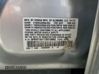 2007 Honda Pilot LX with VIN 5FNYF18117B010892, listed as a Copart auction lot 56334945 with Not provided miles and Salvage title. Bid and sale history available at DreamBid. Image 14.
