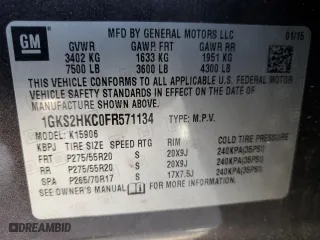 2015 GMC Yukon XL SLT with VIN 1GKS2HKC0FR571134, listed as a Copart auction lot 51175375 with 0 mi miles and Clean Title. Bid and sale history available at carsss.com. Image 14.