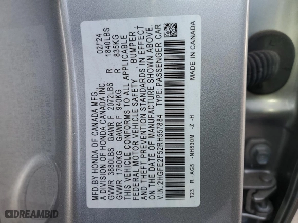 2024 Honda Civic Sedan Sport with VIN 2HGFE2F52RH557884, listed as a Copart auction lot 47420395 with 3,834 mi miles and Salvage Title. Bid and sale history available at carsss.com. Image 13.