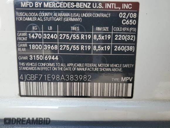2008 Mercedes-Benz GL-Class 4.6L with VIN 4JGBF71E98A383982, listed as a Copart auction lot 76320554 with 108,857 mi miles and Salvage Title. Bid and sale history available at carsss.com. Image 13.