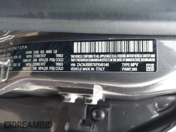 2019 Jeep Renegade Altitude with VIN ZACNJBBB7KPK46146, listed as a IAAI auction lot 42457027 with 125,532 mi miles and . Bid and sale history available at DreamBid. Image 9.