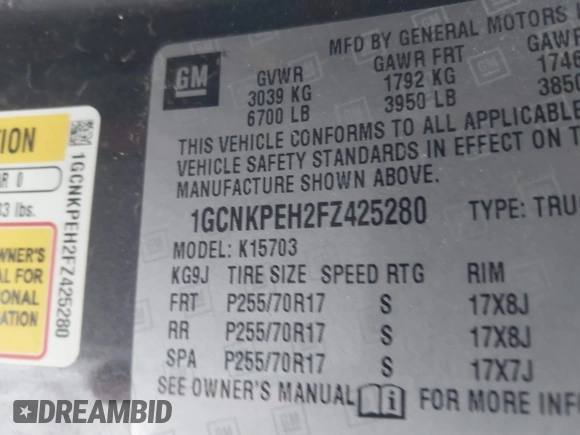 2015 Chevrolet Silverado 1500 Work Truck with VIN 1GCNKPEH2FZ425280, listed as a IAAI auction lot 41163090 with 62,766 mi miles. Bid and sale history available at carsss.com. Image 9.