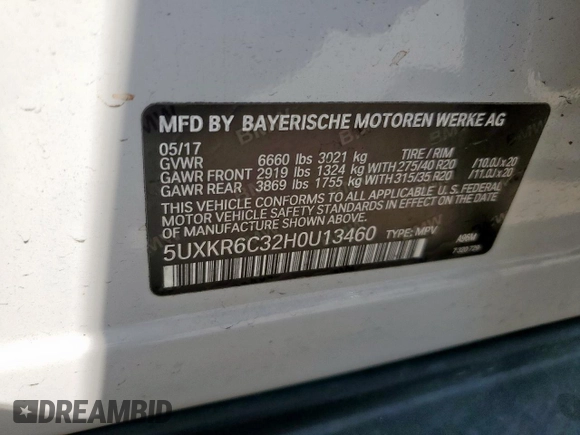 2017 BMW X5 xDrive50i with VIN 5UXKR6C32H0U13460, listed as a Copart auction lot 51462745 with 97,749 mi miles and Salvage title. Bid and sale history available at DreamBid. Image 15.