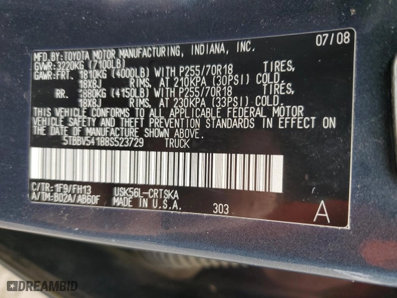 2008 Toyota Tundra 4WD Truck with VIN 5TBBV54188S523729, listed as a Copart auction lot 47005835 with 149,044 mi miles and Clean Title. Bid and sale history available at carsss.com. Image 12.