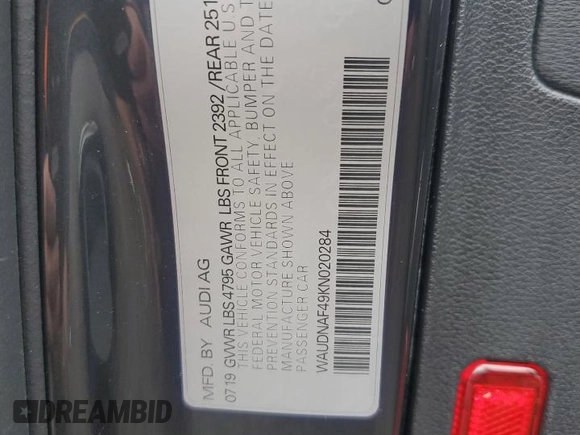 2019 Audi A4 Premium with VIN WAUDNAF49KN020284, listed as a Copart auction lot 51478405 with 68,193 mi miles and Salvage Title. Bid and sale history available at DreamBid. Image 15.