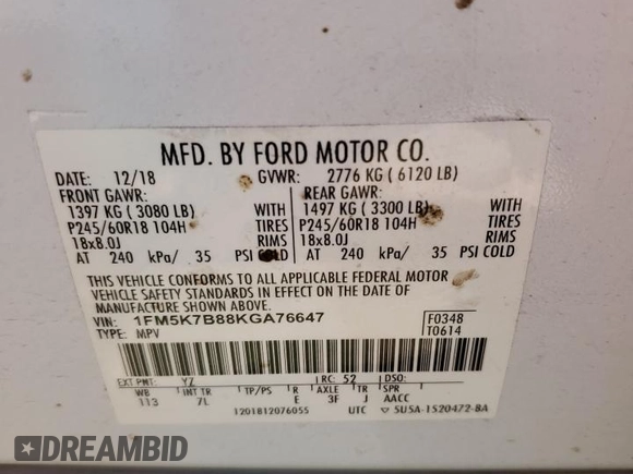 2019 Ford Explorer with VIN 1FM5K7B88KGA76647, listed as a Copart auction lot 52180405 with 111,937 mi miles and Clean title. Bid and sale history available at DreamBid. Image 14.