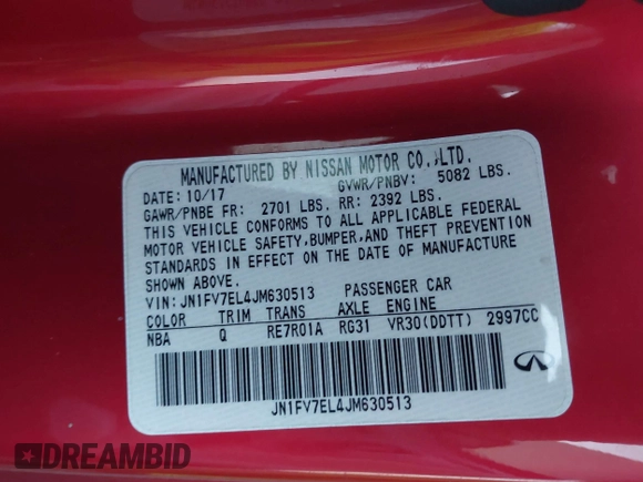 2018 Infiniti Q60 RED SPORT 400 with VIN JN1FV7EL4JM630513, listed as a IAAI auction lot 40411948 with 59,373 mi miles. Bid and sale history available at carsss.com. Image 9.