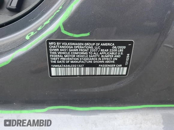 2020 Volkswagen Passat SE with VIN 1VWSA7A34LC021327, listed as a Copart auction lot 61075545 with 39,445 mi miles and Salvage title. Bid and sale history available at DreamBid. Image 13.