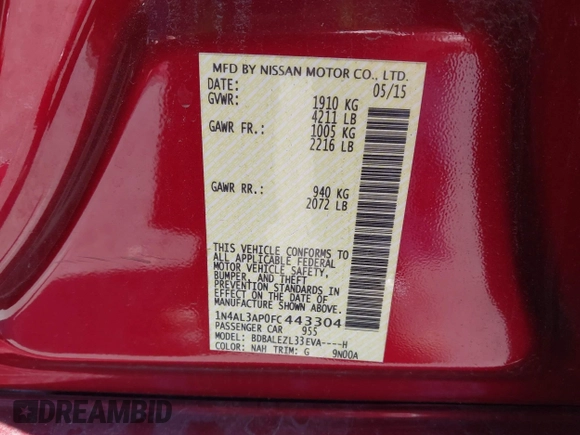 2015 Nissan Altima SV with VIN 1N4AL3AP0FC443304, listed as a IAAI auction lot 41630088 with 160,426 mi miles and . Bid and sale history available at DreamBid. Image 9.