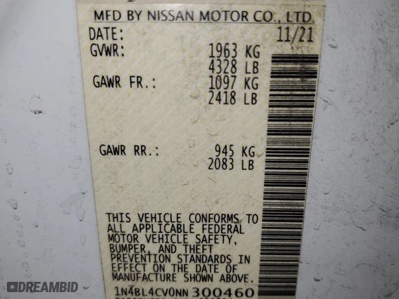 2022 Nissan Altima 2.5 SR with VIN 1N4BL4CV0NN300460, listed as a Copart auction lot 47957535 with 142,394 mi miles and Salvage Title. Bid and sale history available at carsss.com. Image 14.