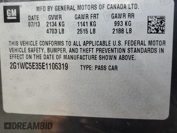 2014 Chevrolet Impala LTZ with VIN 2G1WC5E35E1106319, listed as a Copart auction lot 59260365 with 139,722 mi miles and Salvage title. Bid and sale history available at DreamBid. Image 12.