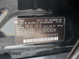 2007 BMW 3 Series 328xi with VIN WBAVC93517KX58143, listed as a Copart auction lot 52036035 with 161,954 mi miles and Salvage title. Bid and sale history available at DreamBid. Image 12.