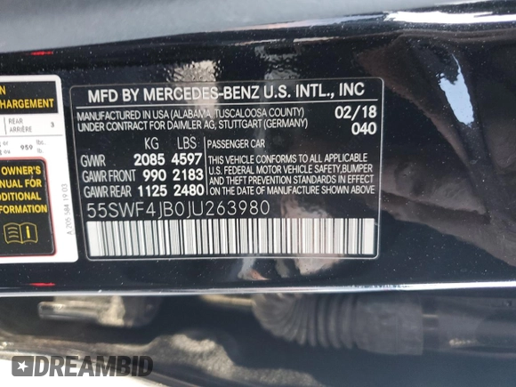 2018 Mercedes-Benz C with VIN 55SWF4JB0JU263980, listed as a Copart auction lot 50843375 with 92,395 mi miles and Salvage Title. Bid and sale history available at carsss.com. Image 12.