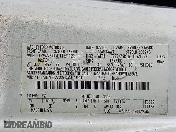 2010 Ford Econoline Cargo Commercial with VIN 1FTNE1EW2ADA91910, listed as a IAAI auction lot 42424530 with 186,898 mi miles and . Bid and sale history available at DreamBid. Image 9.
