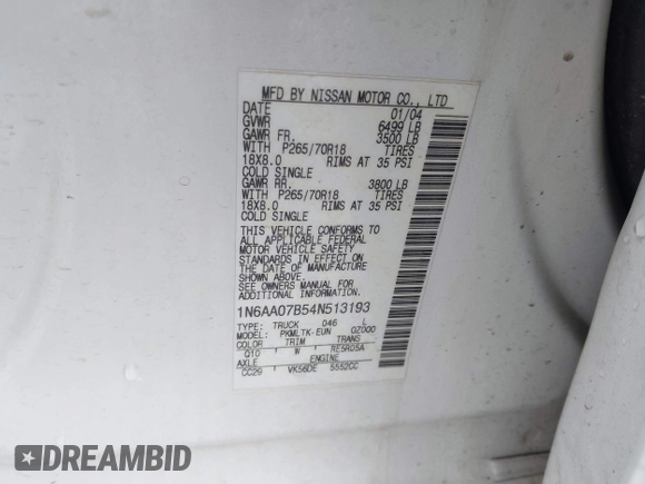 2004 Nissan Titan LE with VIN 1N6AA07B54N513193, listed as a IAAI auction lot 41502380 with 193,878 mi miles and . Bid and sale history available at DreamBid. Image 9.
