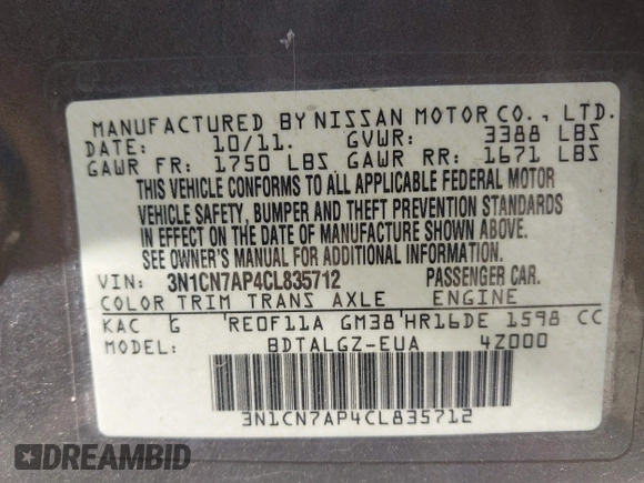 2012 Nissan Versa SV with VIN 3N1CN7AP4CL835712, listed as a IAAI auction lot 41993116 with 125,735 mi miles and . Bid and sale history available at DreamBid. Image 9.