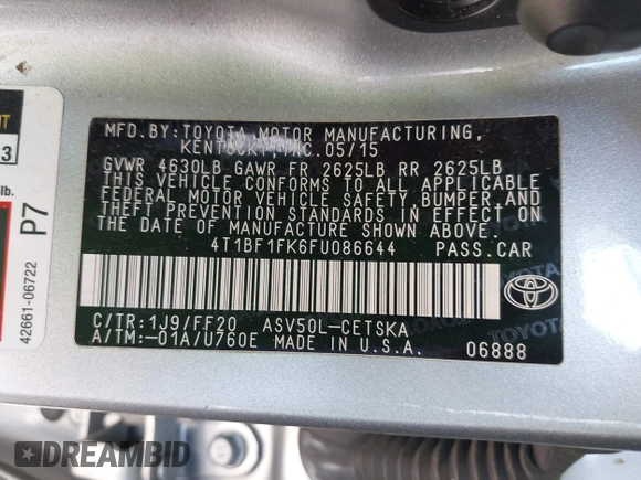 2015 Toyota Camry XLE with VIN 4T1BF1FK6FU086644, listed as a IAAI auction lot 42034189 with 154,861 mi miles and . Bid and sale history available at DreamBid. Image 9.