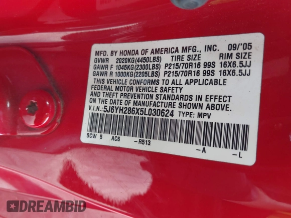 2005 Honda Element EX with VIN 5J6YH286X5L030624, listed as a IAAI auction lot 42135065 with 170,818 mi miles and . Bid and sale history available at DreamBid. Image 9.