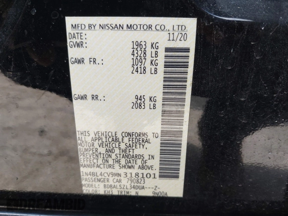 2021 Nissan Altima SR with VIN 1N4BL4CV9MN318101, listed as a IAAI auction lot 41650790 with 88,577 mi miles and . Bid and sale history available at carsss.com. Image 9.