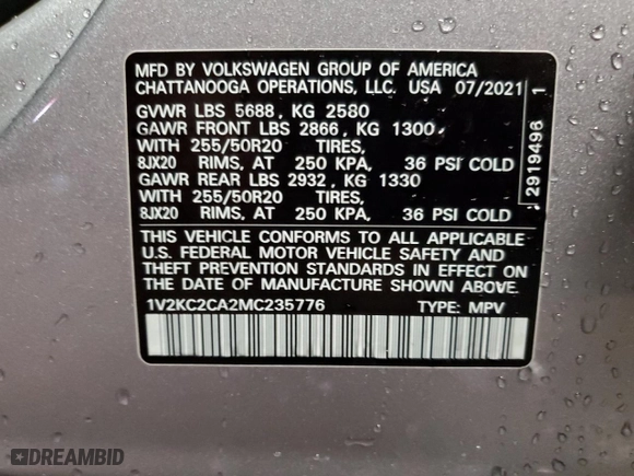 2021 Volkswagen Atlas Cross Sport 2.0T SE w/Technology with VIN 1V2KC2CA2MC235776, listed as a Copart auction lot 64352824 with 31,753 mi miles and Salvage Title. Bid and sale history available at carsss.com. Image 14.