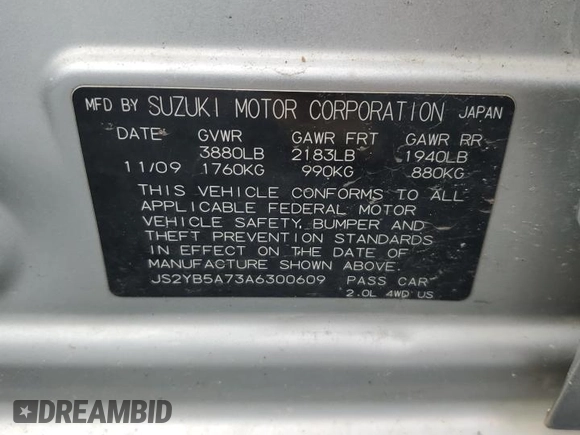 2010 Suzuki SX4 Touring with VIN JS2YB5A73A6300609, listed as a Copart auction lot 45541075 with 140,641 mi miles and Salvage Title. Bid and sale history available at carsss.com. Image 12.
