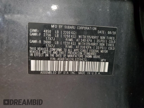 2020 Subaru Outback Premium с VIN 4S4BTACCXL3259623, выставлен на аукционе Copart как лот 54157065 с пробегом 71 555 миль миль и Списание • Salvage title. История ставок и продаж доступна на DreamBid. Изображение 13.