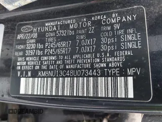 2008 Hyundai Veracruz GLS with VIN KM8NU13C48U073443, listed as a IAAI auction lot 42373199 with 216,736 mi miles and . Bid and sale history available at DreamBid. Image 9.