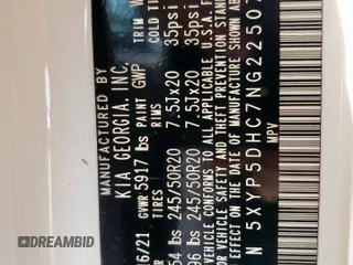 2022 Kia Telluride SX with VIN 5XYP5DHC7NG225071, listed as a Copart auction lot 58676865 with 92,055 mi miles and Salvage title. Bid and sale history available at DreamBid. Image 13.