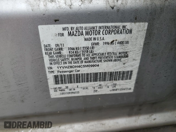 2012 Mazda 6 i Touring with VIN 1YVHZ8DH4C5M09904, listed as a Copart auction lot 51524245 with Not Provided miles and Salvage Title. Bid and sale history available at DreamBid. Image 13.