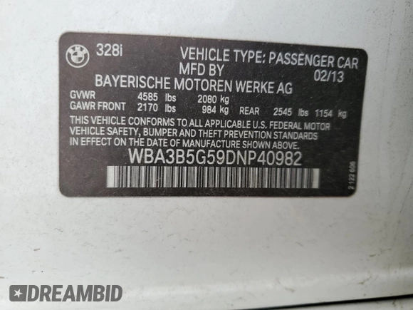 2013 BMW 3 Series 328i xDrive z VIN WBA3B5G59DNP40982, wystawiony jako Copart lot #62220845 z przebiegiem 152 820 mil mil oraz Czysty tytuł • Clean title. Historia ofert i sprzedaży dostępna na DreamBid. Obrazek 12.